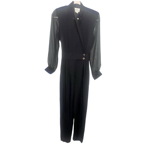 Vtg Sheer Sleeved Tuxedo Pant Jumpsuit 10 Menswear Whimsigoth Old Money Ladylike - Picture 2 of 5